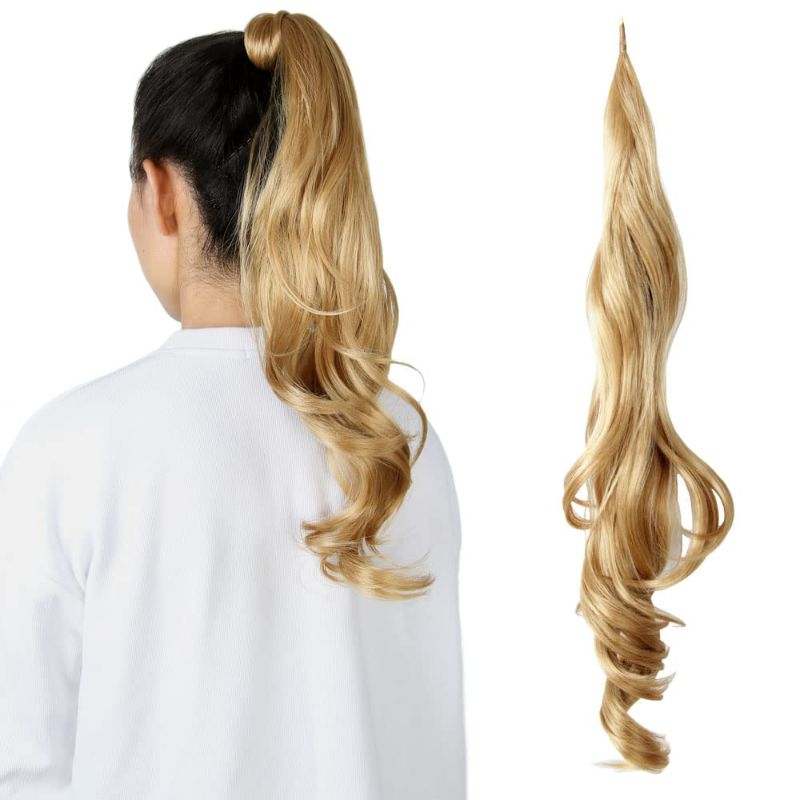 Photo 1 of 26 Inch Flexible Wrap Around Ponytail Extension Long Ponytail Hair Extensions Curly Dark Blonde Synthetic Ponytails Hairpiece for Women 1 Pack,27#(Honey Blonde)
