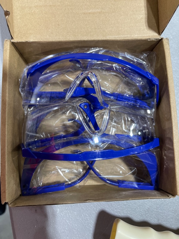 Photo 2 of [5-Pack]Bule Safety Goggles,Clear Anti-fog/Anti-Scratch Safety Glasses over Glasses Over Glasses Eyes Protection Goggles Protective Eyewear