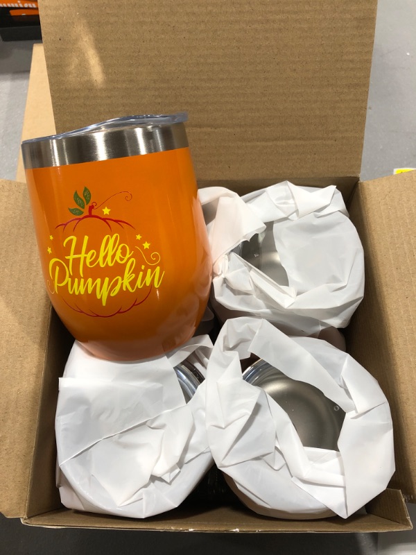 Photo 2 of 4 Pack Hello Pumpkin Wine Tumbler, Novelty Pumpkin Mug for Halloween Thanksgiving Harvest Festival, Cute Autumn Kitchen Decor, 12 oz Vacuum Insulated Coffee Mug with Straws Lids and Brushes