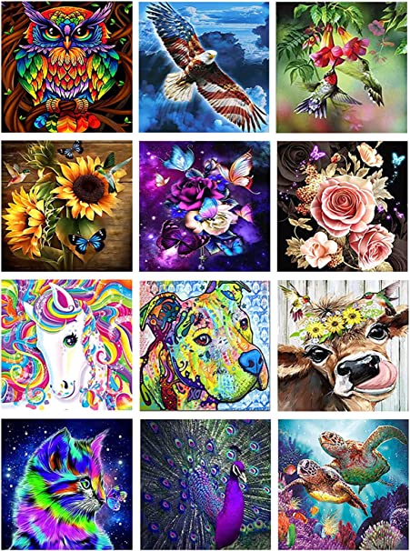 Photo 1 of 12 Pack Diamond Painting Kits for Adults,Diamond Art Birds Animals HD Canvas DIY 5D Full Drill Round Crystal Rhinestone Gem Arts Dots Diamonds Craft Paint for New Home Wall Decor - 12x12inch X12PCS 