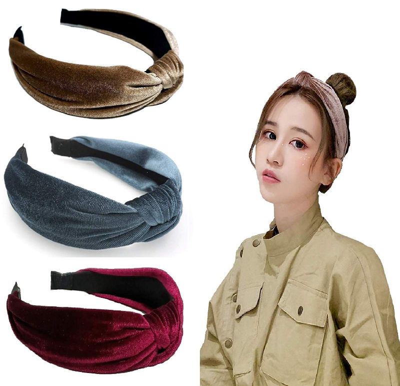 Photo 1 of 
3 Pack Velvet Wide Head bands Knot Turban Headband Vintage Hairband Elastic Hair Hoops Fashion Hair Accessories for Women and Girls (,Or wine red + bean...