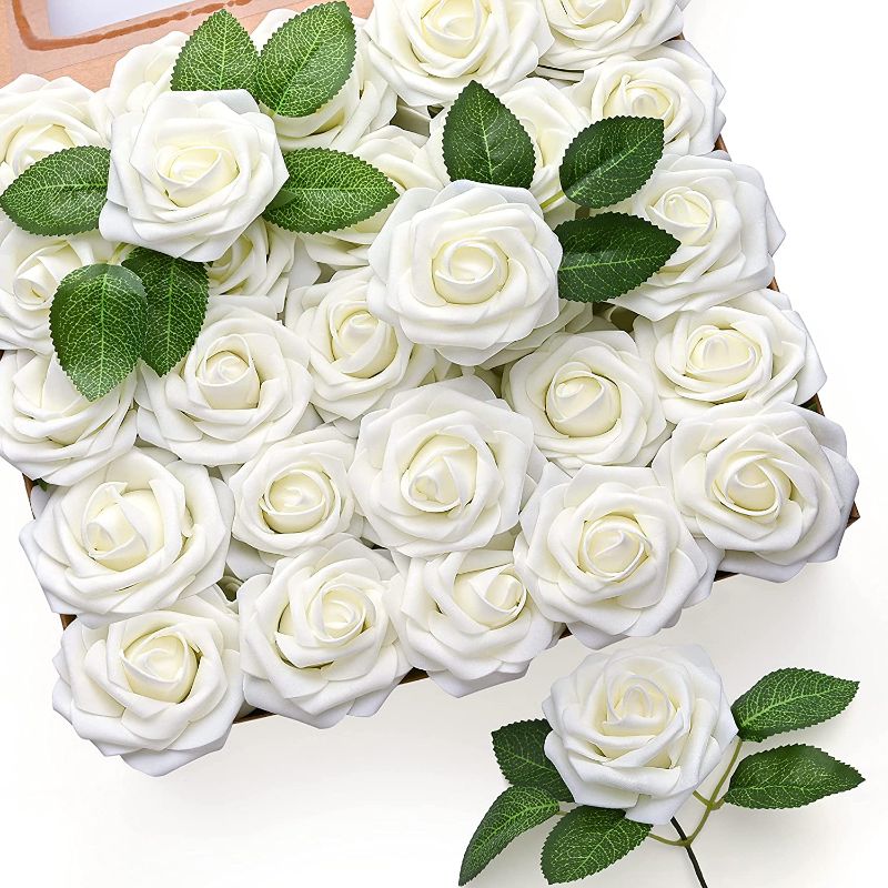 Photo 1 of 
Mocoosy 50Pcs Artificial Flowers Rose, Ivory White Fake Roses for Decorations, Real Looking Foam Rose Bulk with Stems for DIY Wedding Bouquets Bridal Shower...