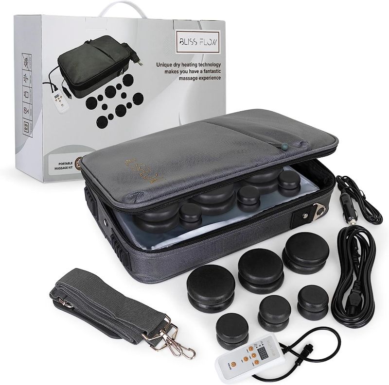 Photo 1 of BlissFlow Massage Stone Warmer Set - Portable Heater Travel Carrying Bag - 12 Basalt Massage Heating Stones - Electric & Digital Control Stone Warmer
