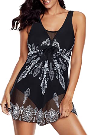 Photo 1 of Bathing Suits for Women Athletic One Piece Swimsuit Tummy Control Swim Dress Slimming Swim Skirt V Neck Swimwear 4XL
