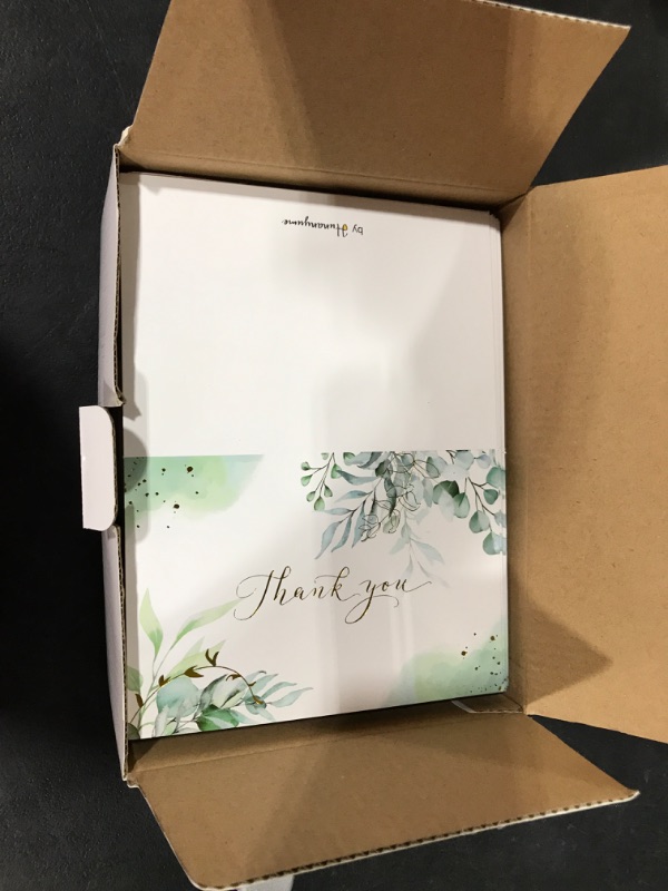 Photo 1 of 100 Bulk Thank You Cards with Envelopes White and Greenery Gold Foil 