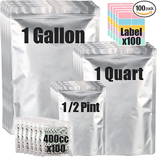 Photo 1 of 100pcs Mylar Bags for Food Storage with Oxygen Absorbers & Labels, 10 Mil Thick 3 Sizes (1 Gallon, 1 Quart, 1/2 Pint) - Stand-Up, Resealable & Heat Sealable for Long Term Food Storage 