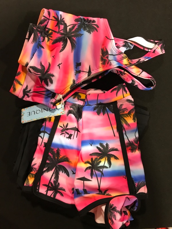 Photo 2 of [Size M] Yonique 3 Piece Athletic Tankini Swimsuits for Women with Shorts Swim Tank Tops with Sports Bra and Boyshorts Bathing Suits -Pink Tree