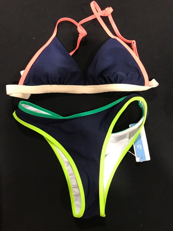Photo 2 of [Size S] CUPSHE Bikini Set for Women Two Piece Swimsuits V Neck Low Rise Crisscross Back Self Tie Spaghetti Straps Navy Medium