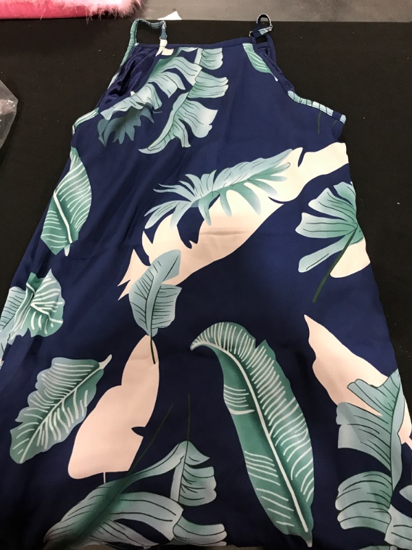 Photo 2 of [Size M] Asvivid Womens Halter Palm Leaf Floral Casual Dresses Summer Beach Dress Sleeveless Short Sundresses - Blue