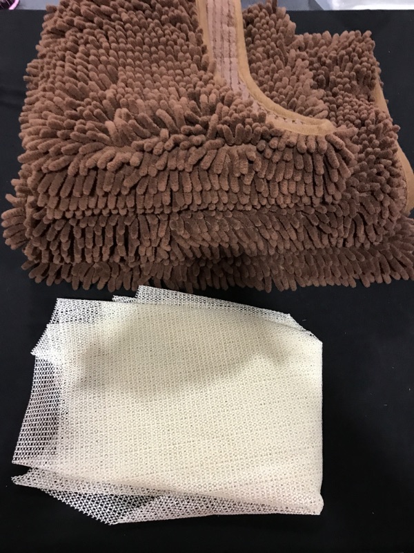 Photo 2 of Thick Chenille Non Slip Bathroom Rugs and mats Sets 3 Piece Bath mats for Bathroom Extra Soft and Absorbent Washable Toilet Rug Bathroom Runner Machine Wash Dry (Brown)