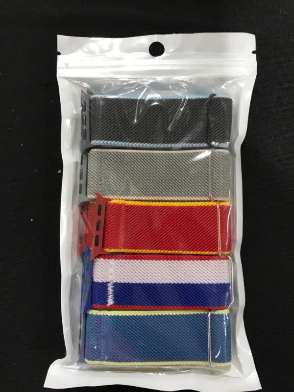 Photo 2 of Chinber 5 Pack Stretchy Bands Compatible with Apple Watch Band 38mm 40mm 41mm 42mm 44mm 45mm for Men Women, Adjustable Braided Elastic Sport Replacement Strap for iWatch Series 7/6/5/4/3/2/1/SE American/Grey-Blue/Blue-Yellow/Grey-Pink/Dark Red 38mm/40mm/4