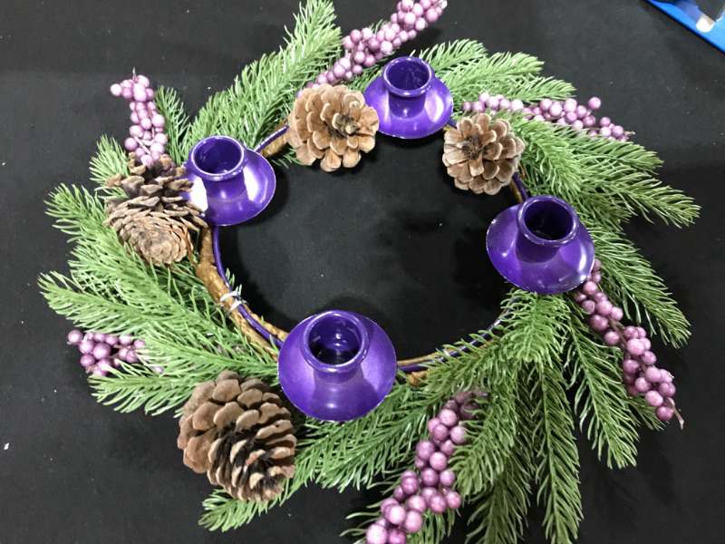 Photo 2 of [Safety Fire Retardant] Christmas Purple Advent Wreath Decoration, Realistic Spruce Christmas Centerpiece with 4 Candle Holder Pinecone 6 Berry Advent Decor for Table Holiday Home Church (No Candles)