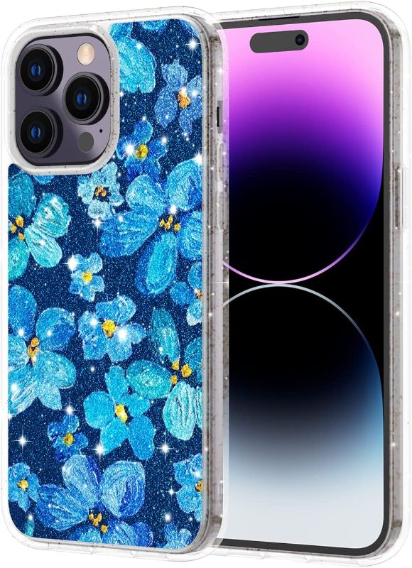 Photo 1 of iPhone 14 Pro Max Glitter Case- Purple & Blue Flower
