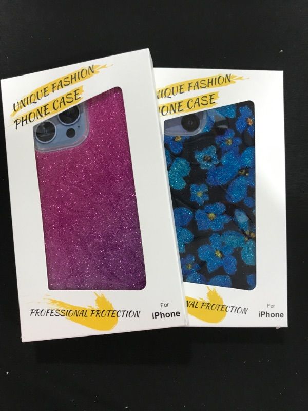 Photo 1 of iPhone 14 Pro Max Glitter Case- Purple & Blue Flower