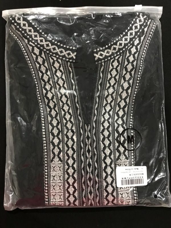 Photo 2 of [Size M] Chase Secret Womens Casual V Neck Shirt Boho Embroidered Print Short/Long Sleeve Tops Loose Blouse - Black