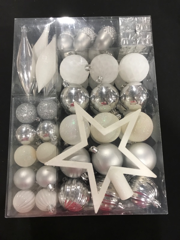 Photo 2 of 100PCS Assorted Balls Tree Ornament Set, Shatterproof Assorted Hanging Decorations (Silver/White) 