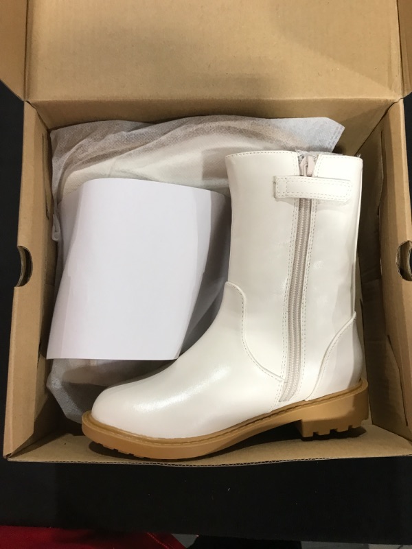 Photo 2 of [SIZE 11] Girls Lug Sole Platform Boots Round Toe Side Zipper Mid Calf Faux Leather Booties- White