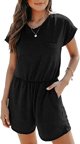 Photo 1 of [Size XL] Dyexces Women's Jumpsuits Summer Loose Crew Neck Short Sleeve Elastic Waist Romper Playsuits with Pockets- Tan