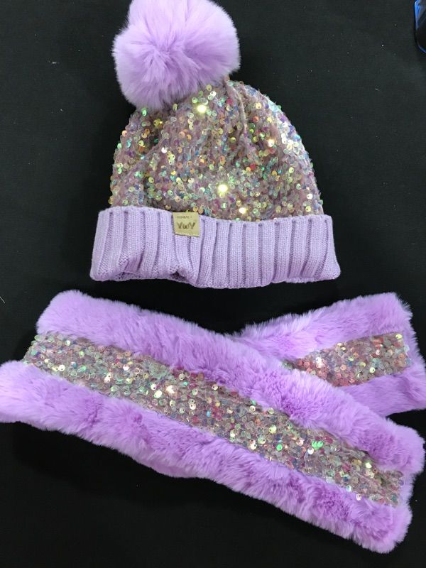 Photo 2 of Girl's Winter Knit Hat and Scarf Set Warm Faux Fur Pom Pom Hat Scarf for Teen Girls -Purple