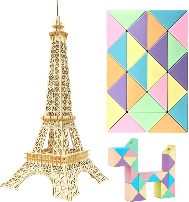 Photo 1 of 3D Wooden Puzzle for Adults, Eiffel Tower Models for Adults to Build, Mechanical Brain Teaser Games, Educational DIY Puzzle Toys Activity - Best Adult Gifts Bundle with Snake Cube Puzzle 