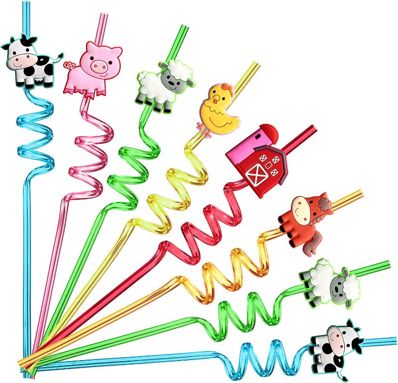 Photo 1 of 24 Reusable Farm Animal Plastic Straws Chicken Sheep Horse Cow Pig for Barnyard Farm Birthday Party Supplies Gift Favors with 2 Cleaning Brushes 