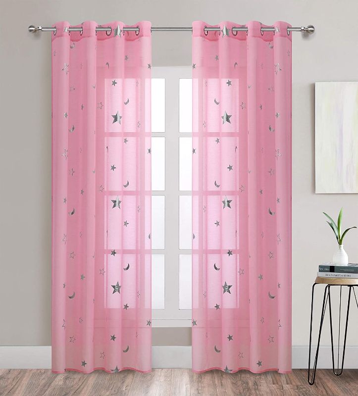 Photo 1 of Gold Dandelion Pink Star Print Curtains Sheer Window Drapes with Silver Twinkle Star for Living Room 2 Panels Grommet Thin and Soft Cosmic Theme for Bedroom and Space-Loving Grown-ups 63 inch Length