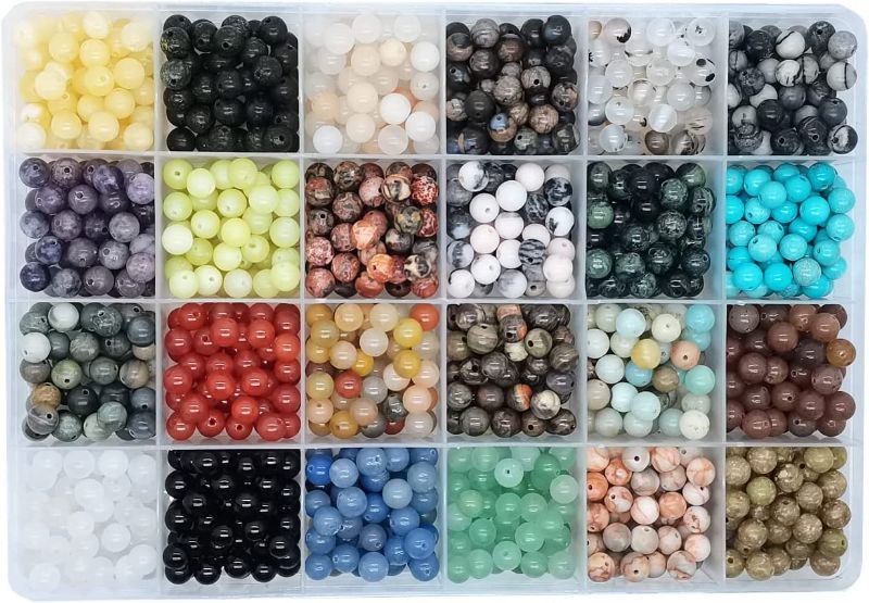 Photo 1 of 1200pcs 6mm Natural Round Stone Beads Real Gemstone Beading Loose Gemstone Hole Size 1mm DIY Smooth Beads for Bracelet Necklace Earrings Jewelry Making,Box Packed(24 Material -A,6mm) 