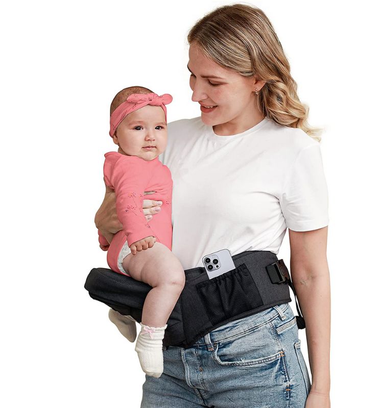 Photo 1 of BABYMUST HIP SEAT BABY CARRIER ADJUSTABLE WAISTBAND + POCKETS - BLACK - YM018