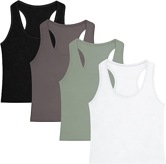 Photo 1 of 4 Pieces Women's Crop Tops Cotton Basic Tank Tops Racerback Sleeveless Sports Workout Crop Tank Tops SIZE S