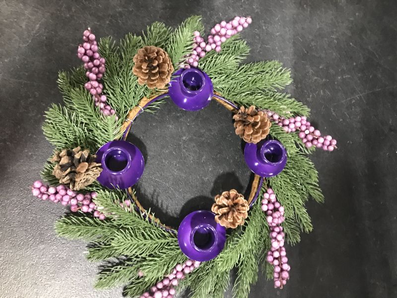 Photo 2 of [Safety Fire Retardant] Christmas Purple Advent Wreath Decoration, Realistic Spruce Christmas Centerpiece with 4 Candle Holder Pinecone 6 Berry Advent Decor for Table Holiday Home Church (No Candles)