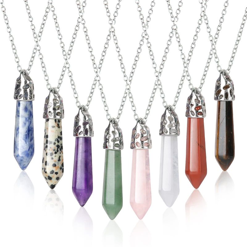 Photo 1 of 16 PCS Bullet Shape Gemstone Pendant Hexagonal Crystal Pointed Quartz Healing Crystal Necklace with Storage Bag for Women Girls Friends