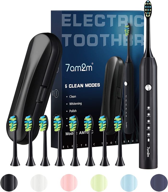 Photo 1 of 7AM2M Electric Toothbrush for Adults, Sonic Toothbrush with 8 Brush Heads, Travel Case, Rechargeable Electric Power Toothbrush with 2 Minutes Build in Smart Timer, Roman Column Handle Design (Black)
