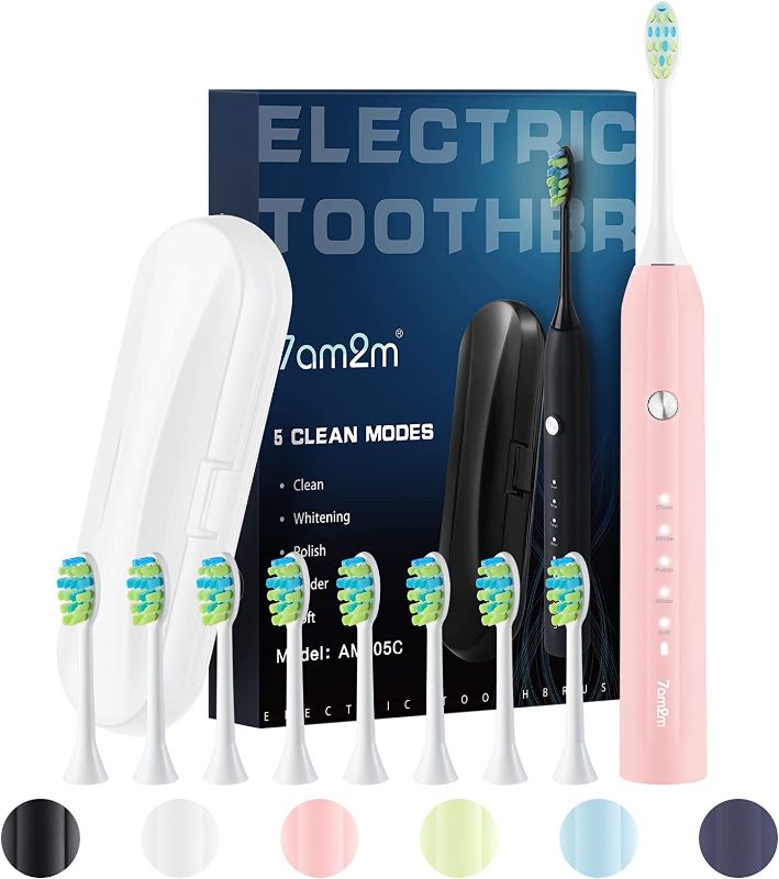 Photo 1 of 7AM2M Sonic Electric Toothbrush for Adults and Kids, with Travel Case and 8 Brush Heads, 5 Modes with 2 Minutes Build in Smart Timer, Roman Column Handle Design (Pink)
