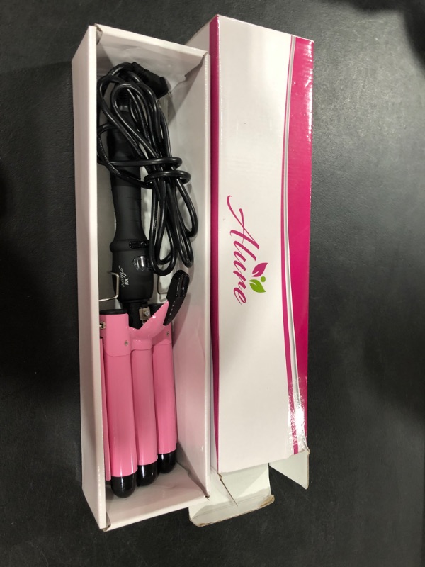 Photo 2 of Alure Three Barrel Curling Iron Wand with LCD Temperature Display - 1 Inch Ceramic Tourmaline Triple Barrels, Dual Voltage Crimp (Pink)