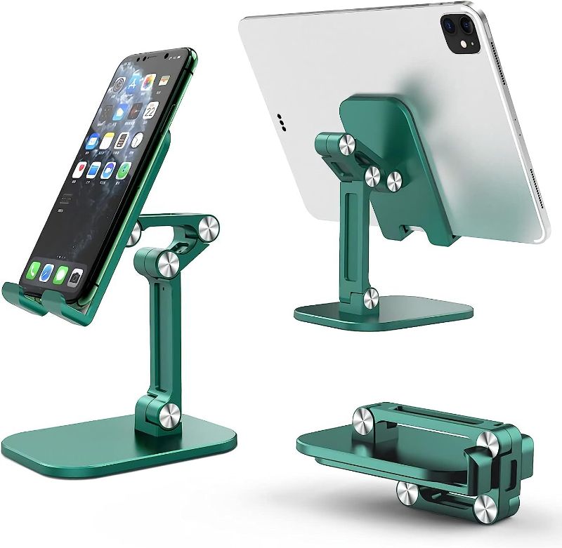 Photo 1 of Cell Phone Stand, Angle Height Adjustable Phone Stand for Desk, Thick Case Friendly Phone Holder Stand for Desk, iPhone/Ipad/All Mobile Phones,Foldable Cell Phone Stand (Green)