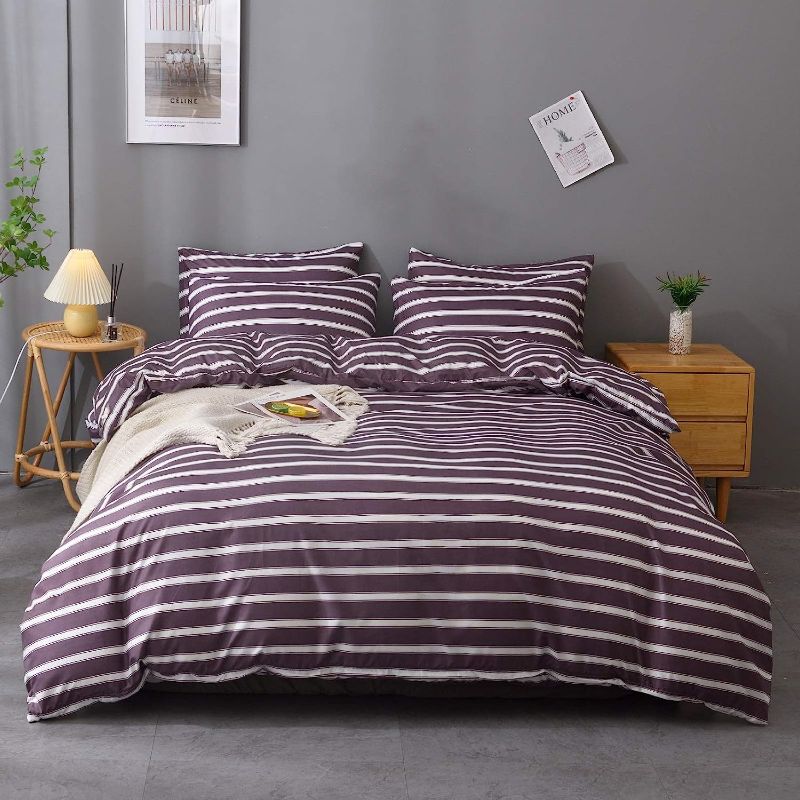 Photo 1 of 3 Pieces Purple Duvet Cover Stripe Set with Zipper Closure,100% Microfiber Fabric,Luxury Hotel Quality Bedding-Queen Size(1 Duvet Cover 2 Pillowcases)