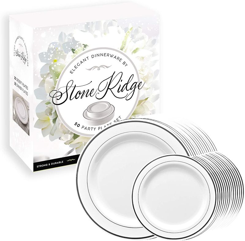 Photo 1 of 50 Classy Disposable Plastic Plates, 25 Pieces of 10.25 Inch and 25 Pieces of 7.5 Inch White Plates, Silver Trim
