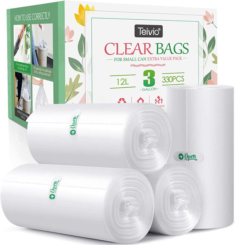 Photo 1 of 3 Gallon 330 Counts Strong Trash Bags Garbage Bags by Teivio, Bathroom Trash Can Bin Liners, Small Plastic Bags for home office kitchen (Clear) 