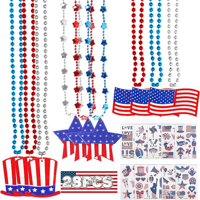 Photo 1 of 28 PCS 4th of July Accessories Party Favors, 18PCS Patriotic Star Bead Necklaces+10 PCS Temporary Tattoos Stickers for Kids Adults,July 4th/Fourth Party Favor Supplies,Independence Day Decor Accessories 