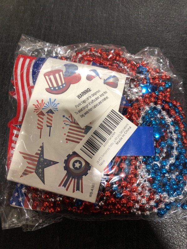 Photo 2 of 28 PCS 4th of July Accessories Party Favors, 18PCS Patriotic Star Bead Necklaces+10 PCS Temporary Tattoos Stickers for Kids Adults,July 4th/Fourth Party Favor Supplies,Independence Day Decor Accessories 