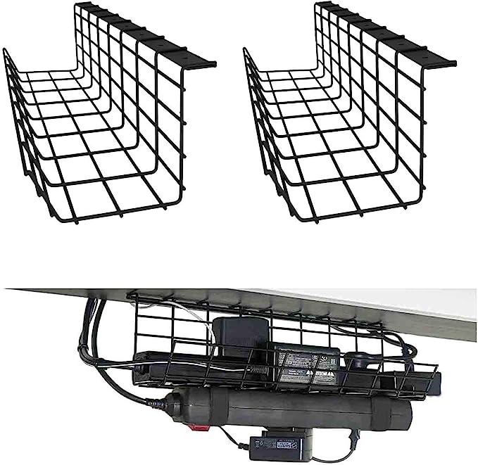 Photo 1 of 2 Pack Under Desk Cable Management Tray Wire Cord Power Strip Adapter Organizer Steel Metal Cable Tray to Hide Cables and Power Strips Wire Cable Tray Perfect Standing Basket Cord Organizers Black 
