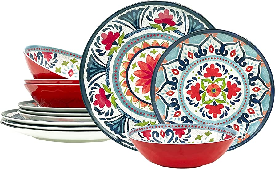 Photo 1 of Zak Designs Melamine Dinnerware Set, 12-Piece, Service for 4, Medallion (Keisha)