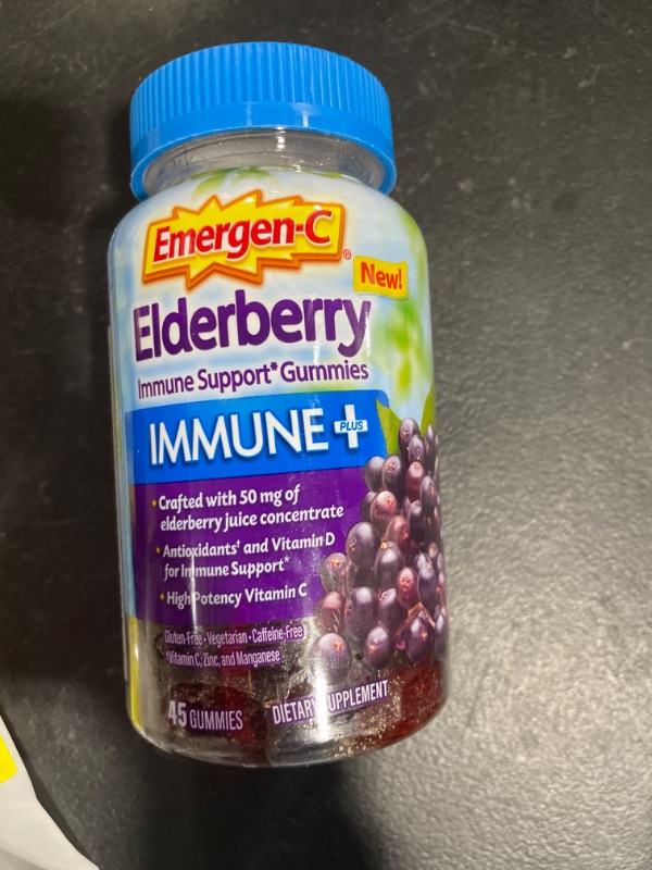 Photo 2 of Emergen-C Immune+ Elderberry Gummies, 750 mg Vitamin C with Vitamin D, Zinc and Electrolytes, Immune Support Dietary Supplement, Caffeine Free, Gluten Free, Elderberry Flavor  - 45 Count exp 06/2023