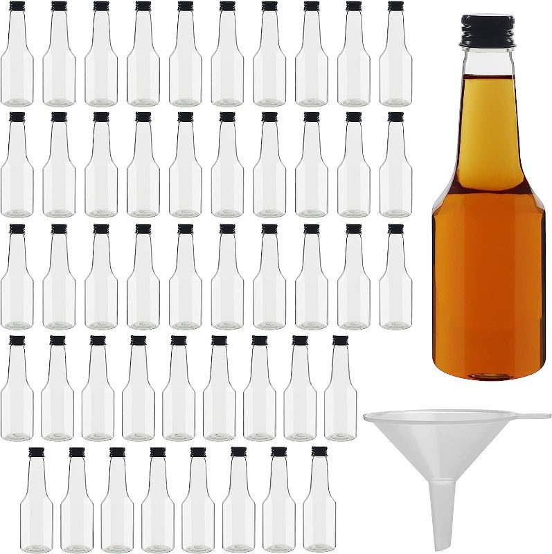 Photo 1 of 48 Pack Mini Liquor Bottles - Reusable Plastic 100ml (3.4 fl oz) Empty Spirit Bottle with Black Screw Cap, Liquid Funnel for Easy Pouring, Filling - Bottles for Weddings & Parties