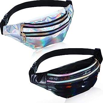 Photo 1 of 2 Pieces Holographic Fanny Pack Metallic Color Sport Waistbag for Women Men Kids

