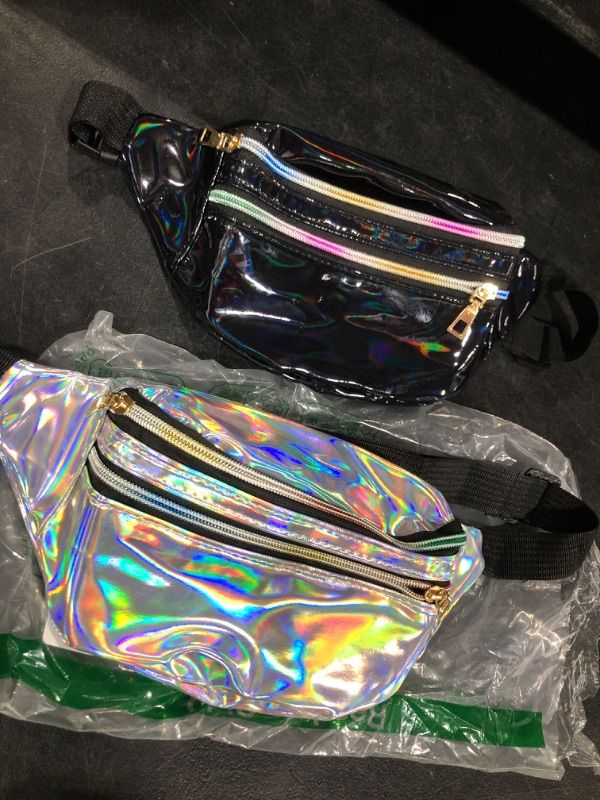 Photo 2 of 2 Pieces Holographic Fanny Pack Metallic Color Sport Waistbag for Women Men Kids
