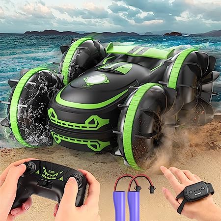 Photo 1 of Arulis Amphibious Remote Control Car, 2.4Ghz 4WD Double Sided 360° Rotating RC Stunt Car, Remote Control Boat with Gesture Sensor, Toy Cars Gifts for 3 4 5 6 7 8+ Year Old Boys, Pool Water Beach Toy
