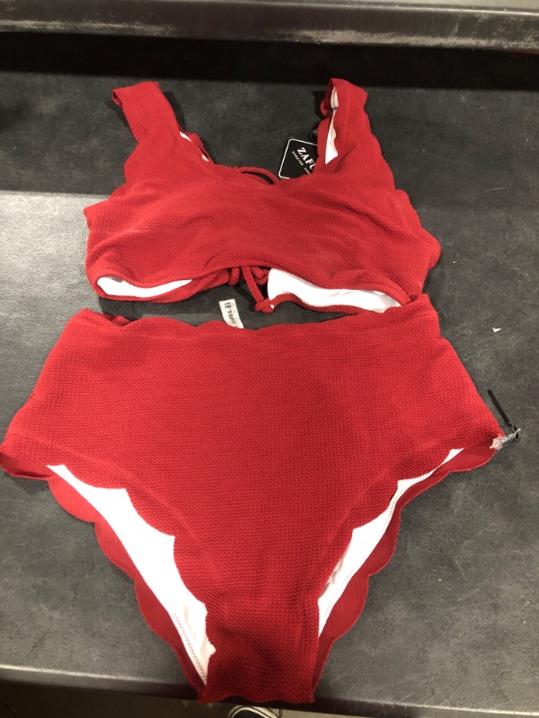 Photo 2 of ZAFUL High Waisted Swimsuits for Women Scalloped Bikini Sets Back Lace-Up Tankini Sets Tummy Control 0-red Wine Large