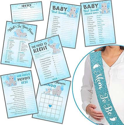 Photo 1 of 300pcs Blue Elephant Baby Shower Game Cards Mom To Be Sash Bundle Set of 6 Activities ?50 Cards? Each Blue and Gray Baby Shower Supplies Game Activities for Boys