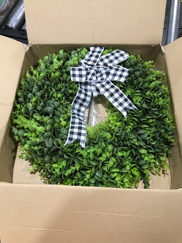 Photo 2 of 20" Faux Round Boxwood Wreath, Vlorart Artificial Boxwood Wreath Front Door Wreaths Artificial Spring Summer Greenery Hanging with A Plaid Bow for Front Door Wall Hanging Window Wedding Party Decor 20inch